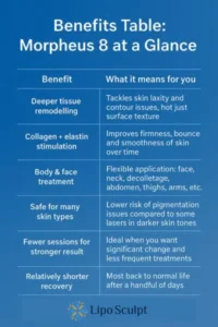 How Often Can I have Morpheus 8? 3 Table showing the benefits of Morpheus 8 treatment from Lipo Sculpt Horley